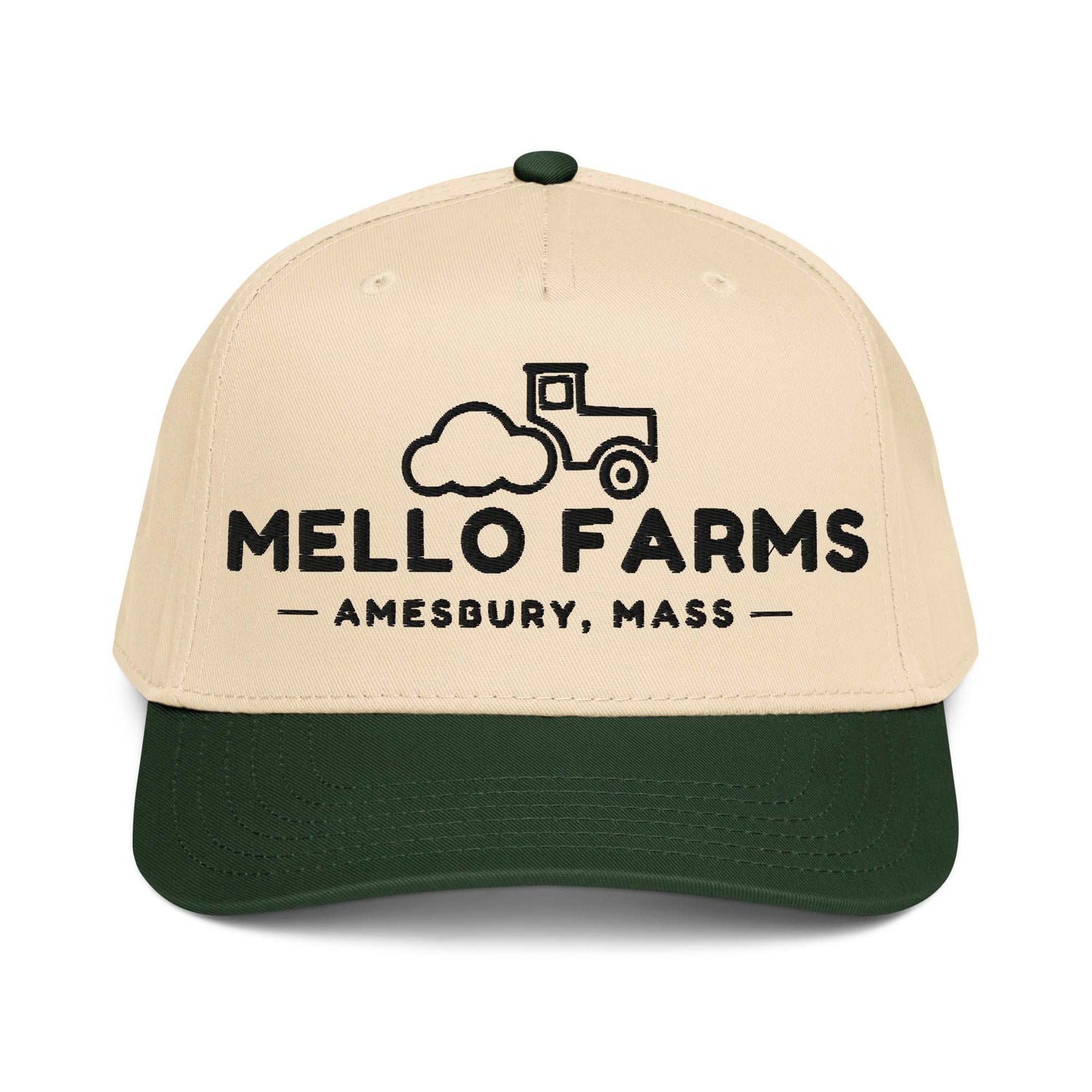 Green Mello Farms Hat with beige crown and dark green brim featuring Mello Farms logo and Amesbury, Mass text