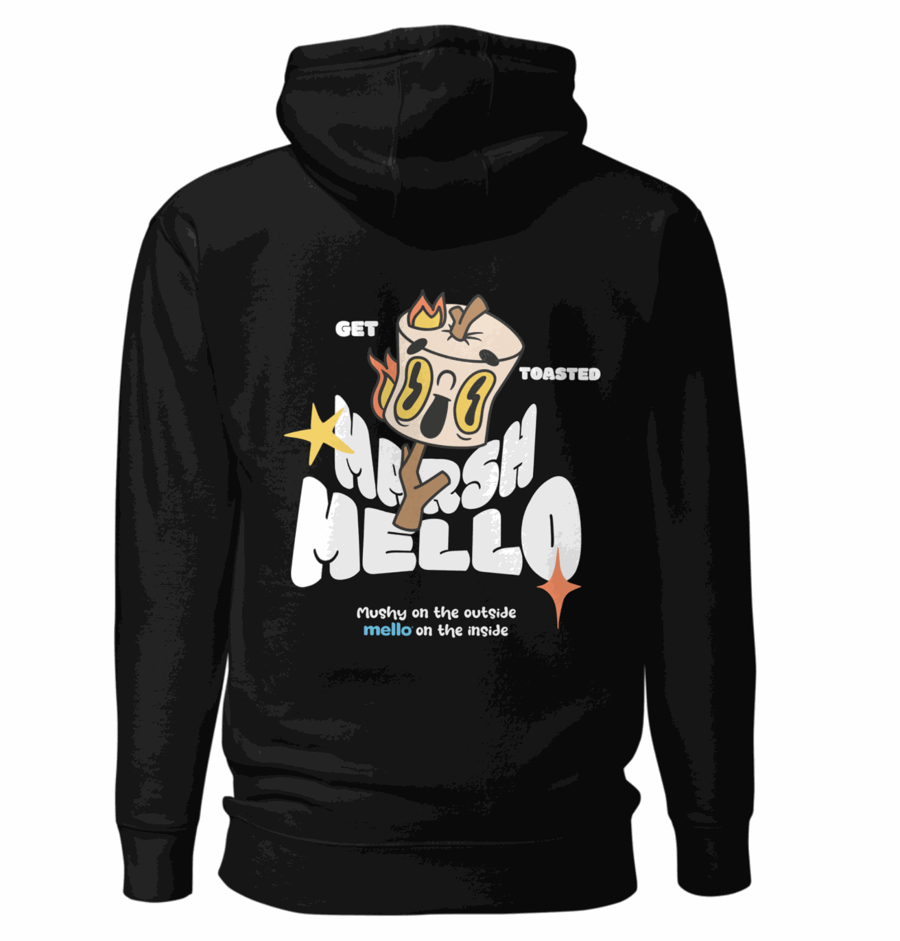 Black Toasted Back Mello Hoodie with marshmallow graphic and "Get Toasted" text on back