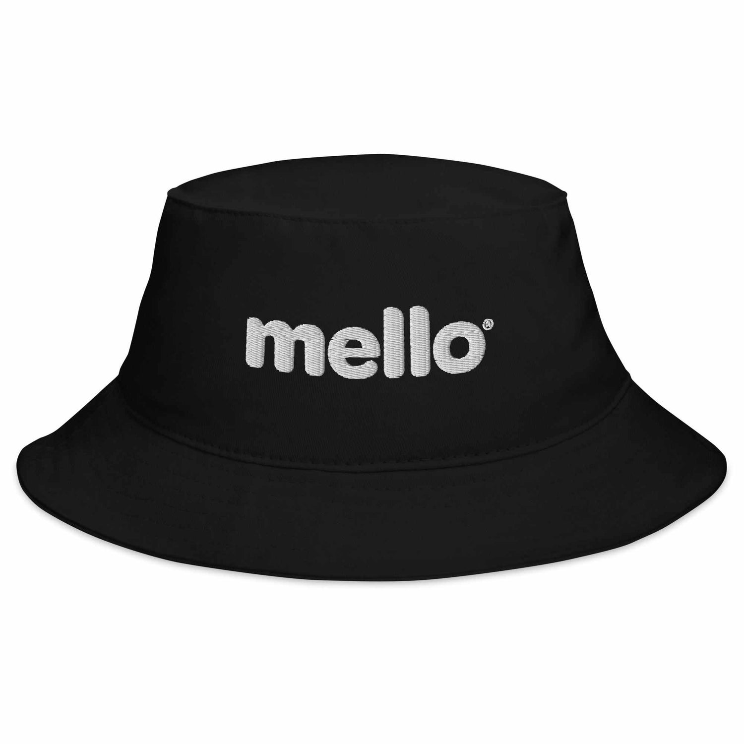black bucket hat with mello logo embroidered on front