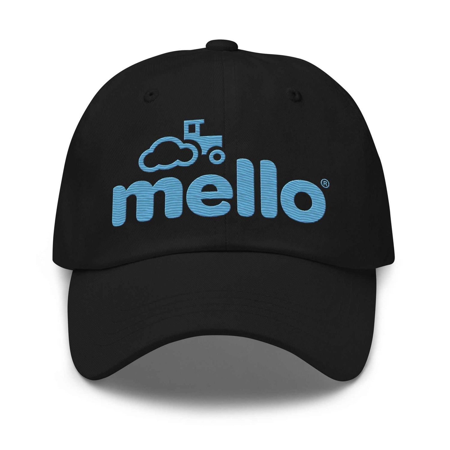 Black New MELLO HAT dad cap with blue embroidered logo and adjustable strap