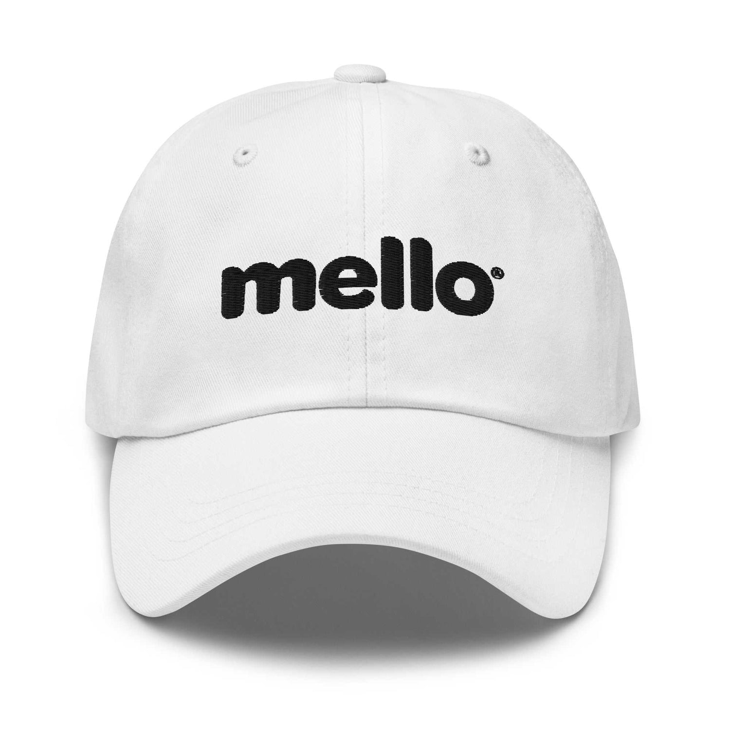 White Mello Hat with black embroidered logo on front