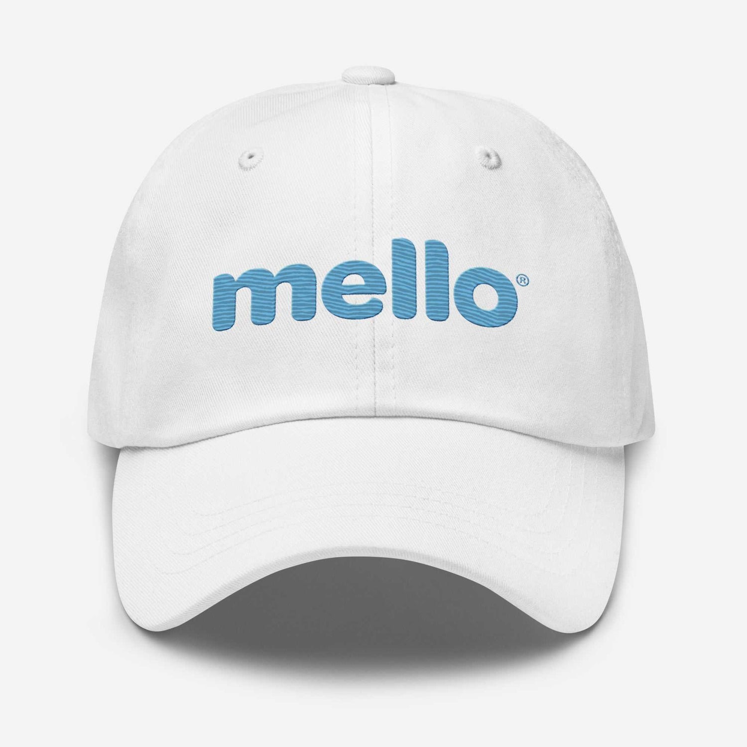 White and blue hat with blue "mello" logo on front