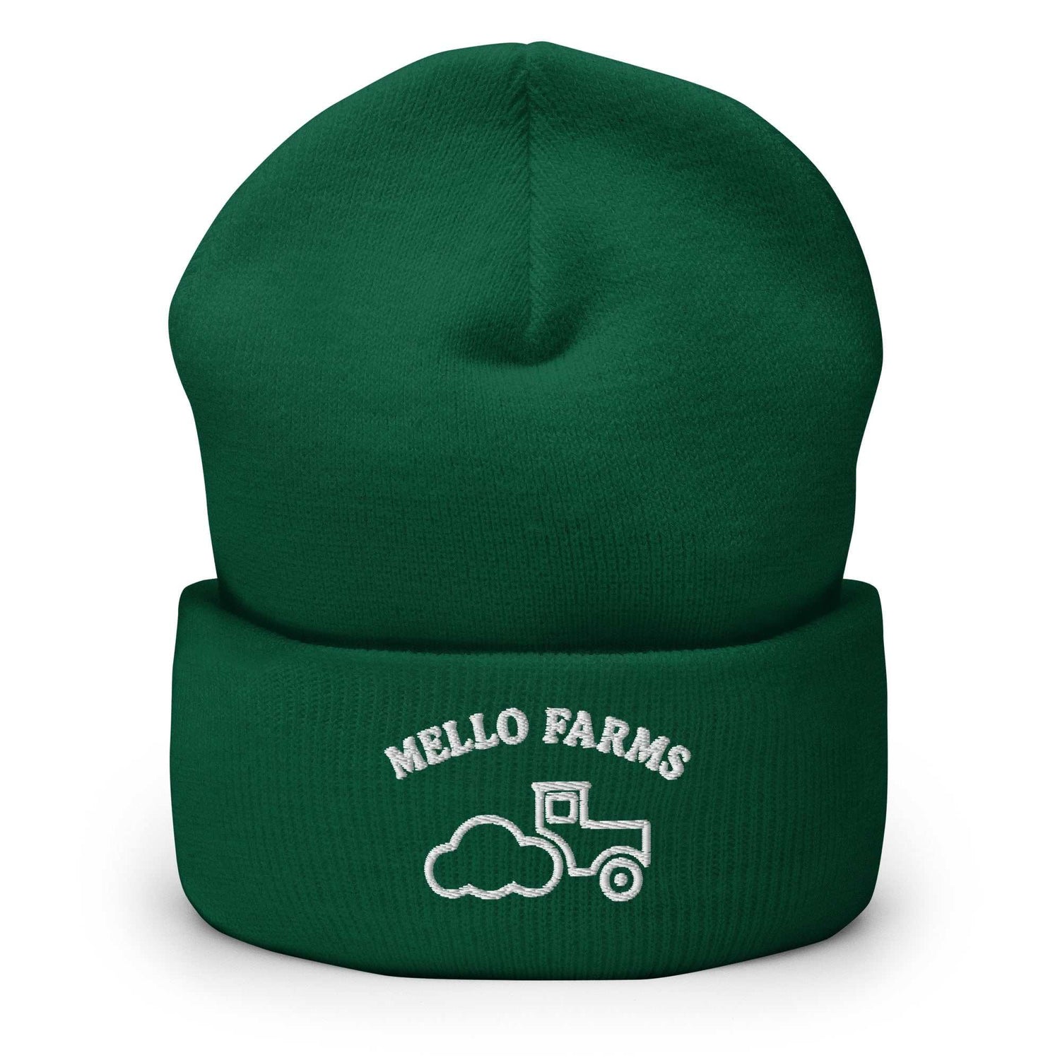 Green Farms Beanie with white Mello Farms embroidered design