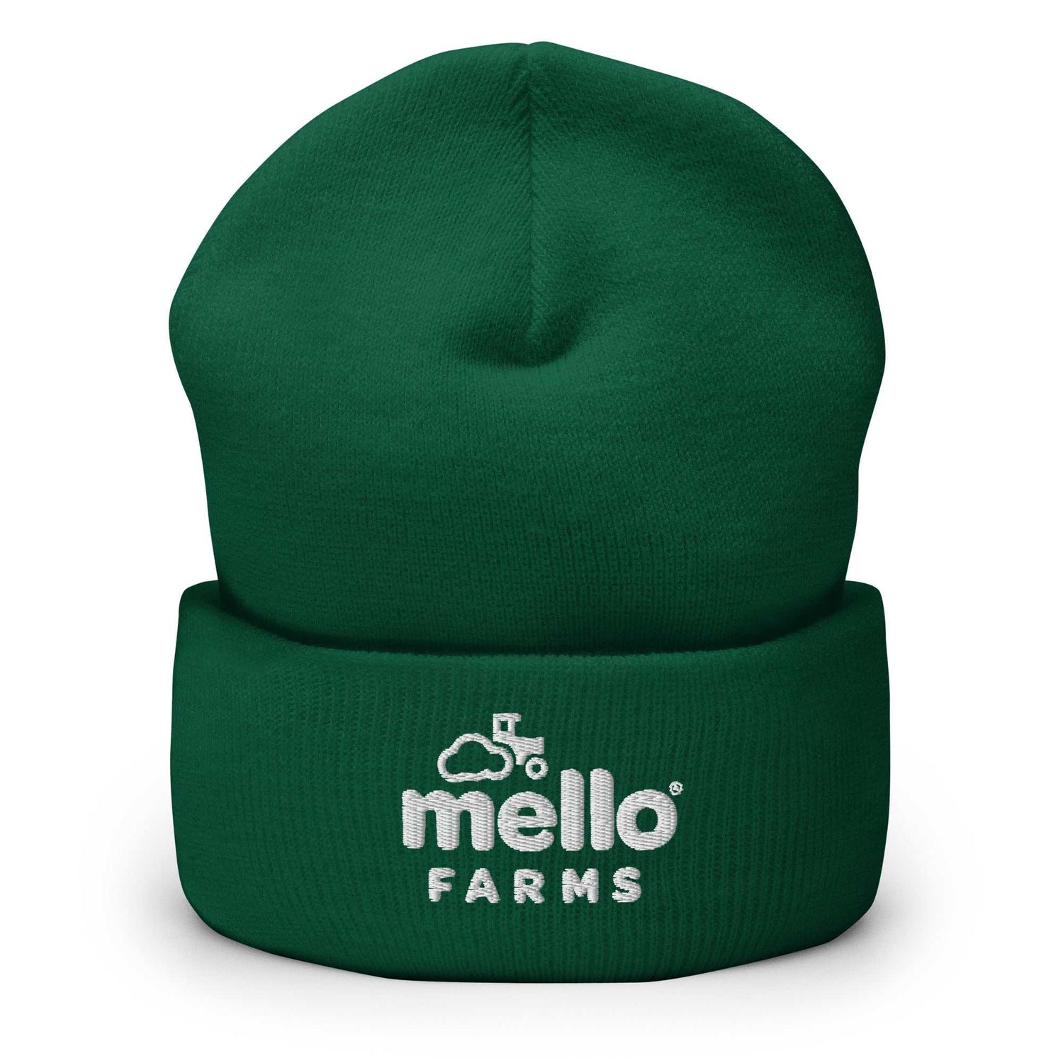 Green Mello Farms Beanie with embroidered logo in dark green color