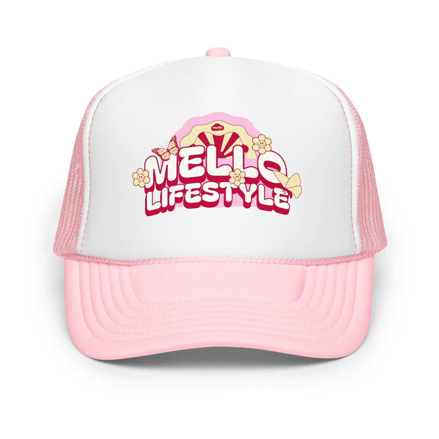 Pink foam trucker hat with adjustable snapback and "Mello Lifestyle" design on front panel