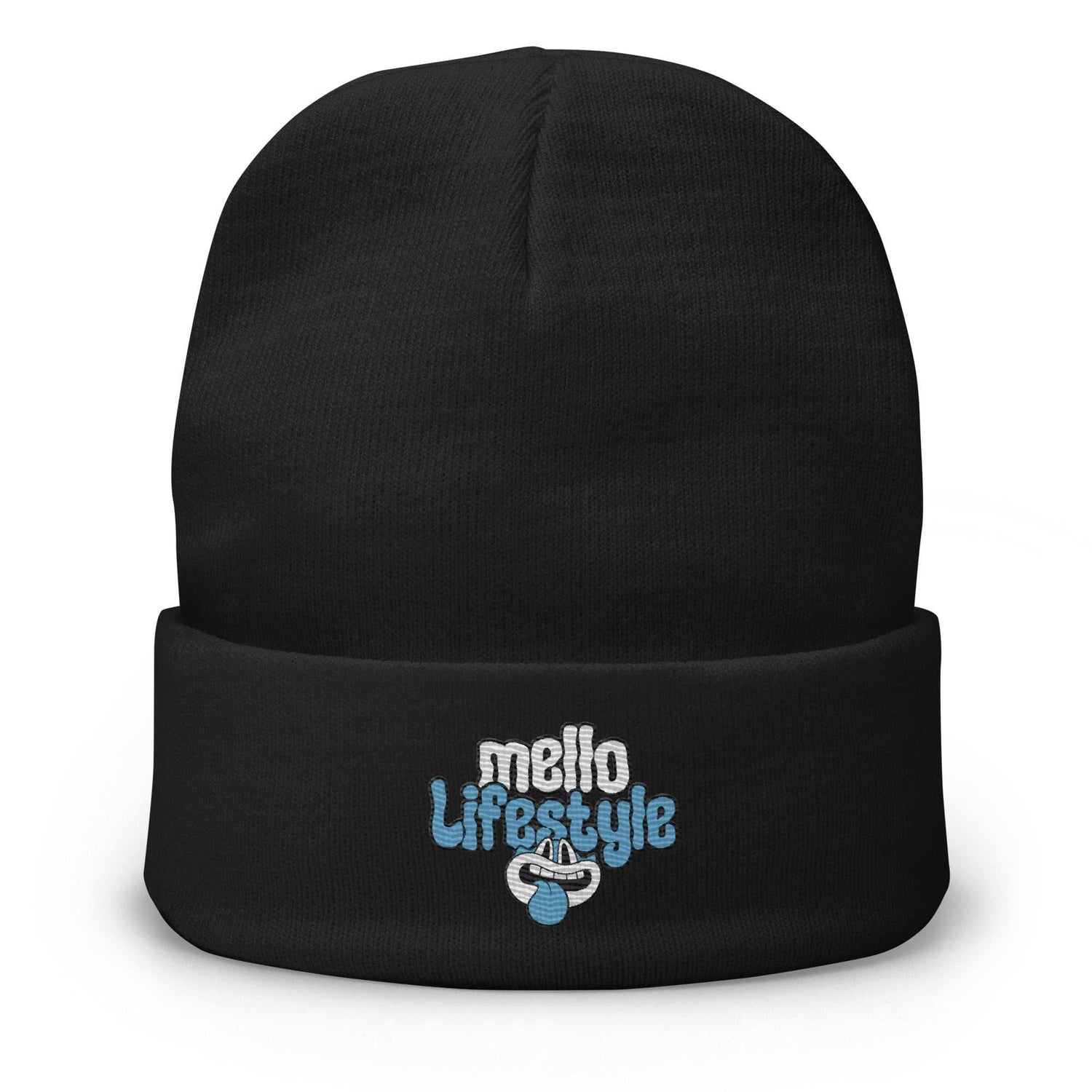 Black Mello Lifestyle Beanie with Carolina blue and white embroidered logo, soft and stretchy for everyday wear