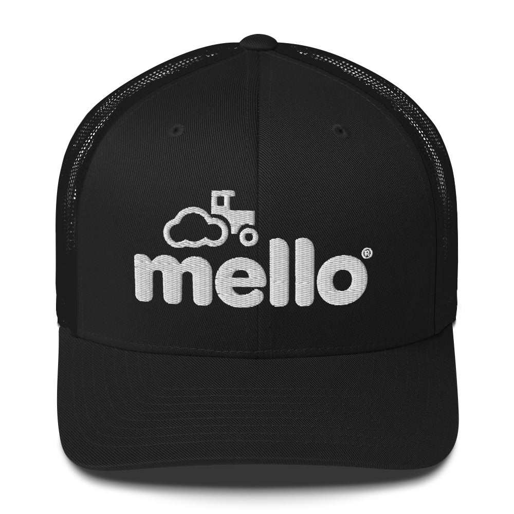 Black Mello trucker cap with white embroidered logo and mesh back panels