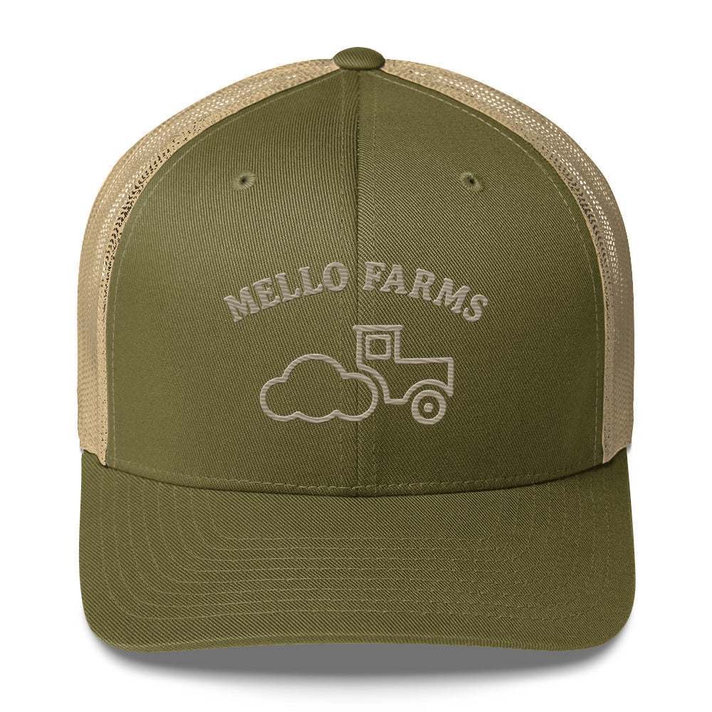 Mello Farms Hat olive green six-panel trucker cap with mesh back and embroidered logo
