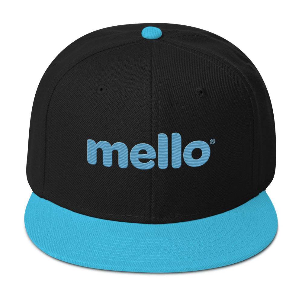 Mello Two-Tone Snapback black cap with flat blue visor and blue mello logo front