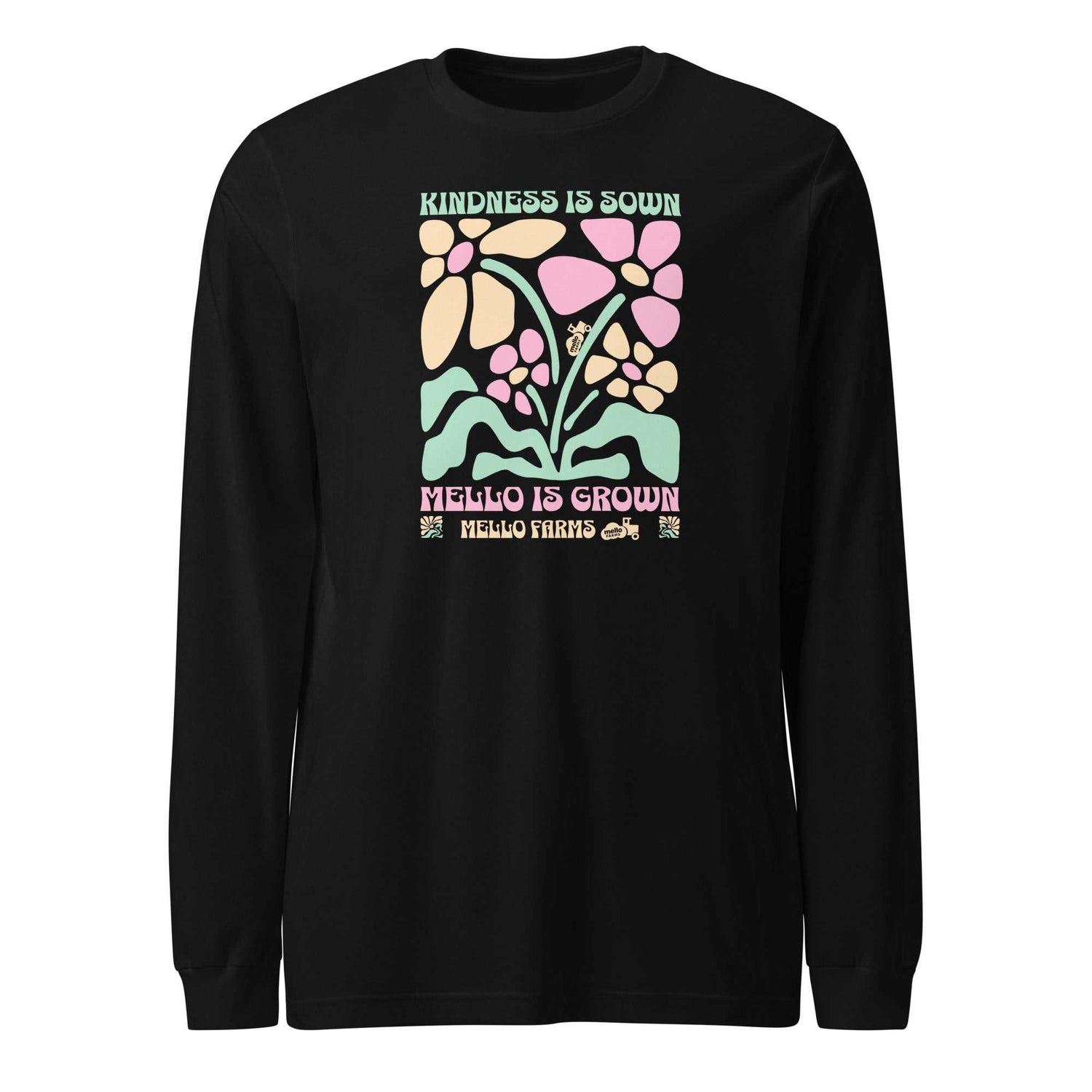 Reap and Sow Long Sleeve black crew neck tee with colorful plant graphic and text design