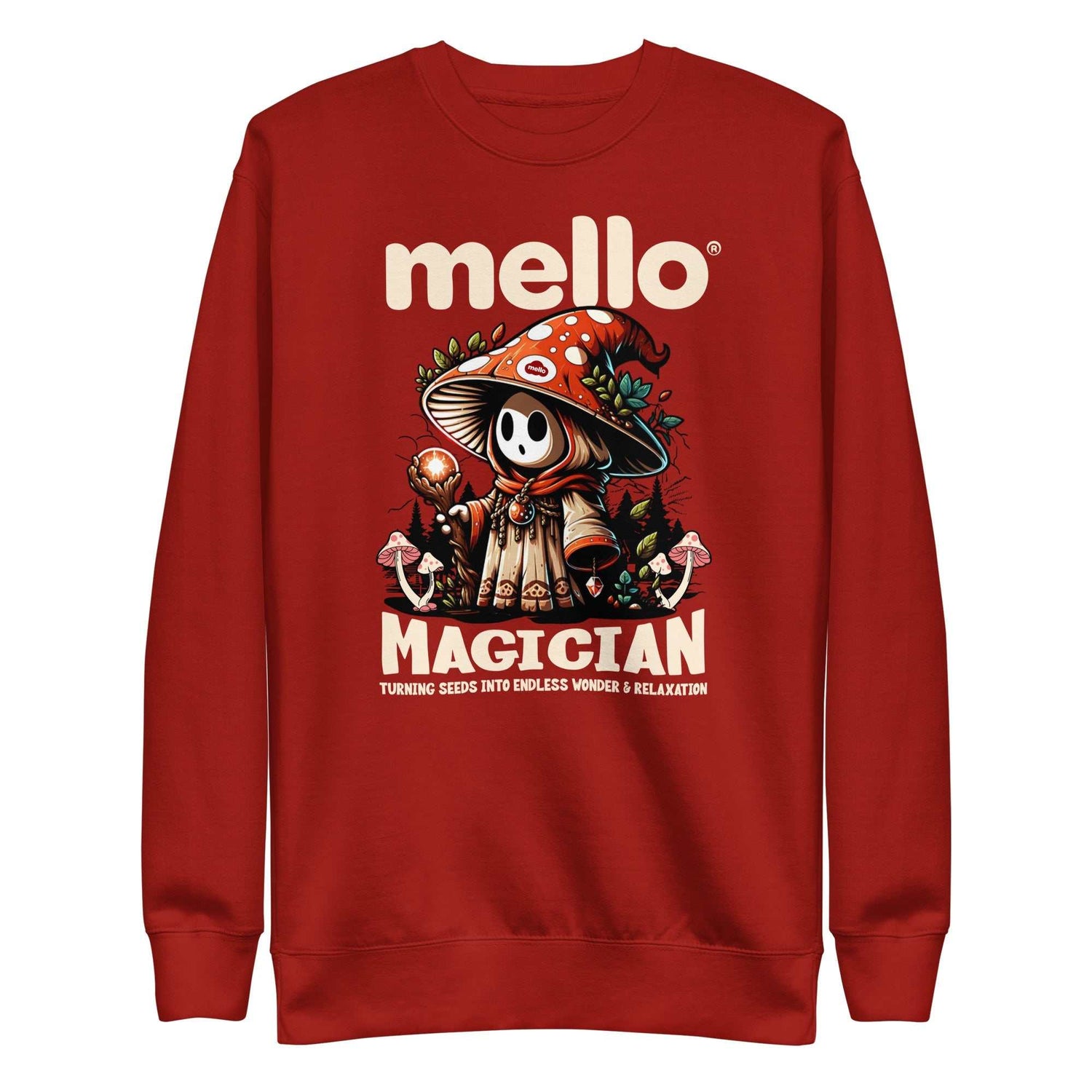 Red Mello Magician Sweatshirt with mystical mushroom-capped character and forest design.