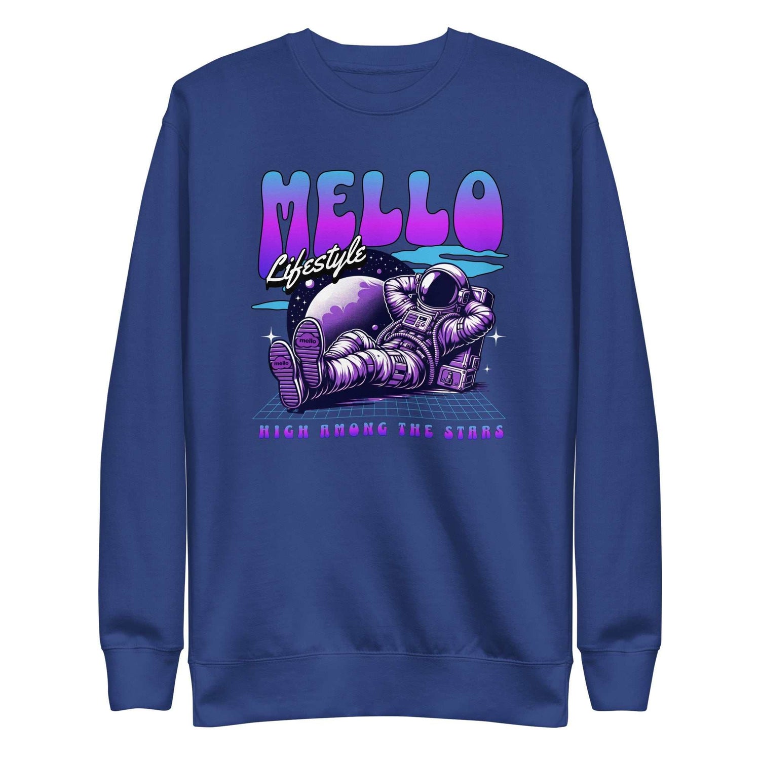 High Among The Stars Sweatshirt with astronaut graphic and Mello Lifestyle text on royal blue cotton blend fabric