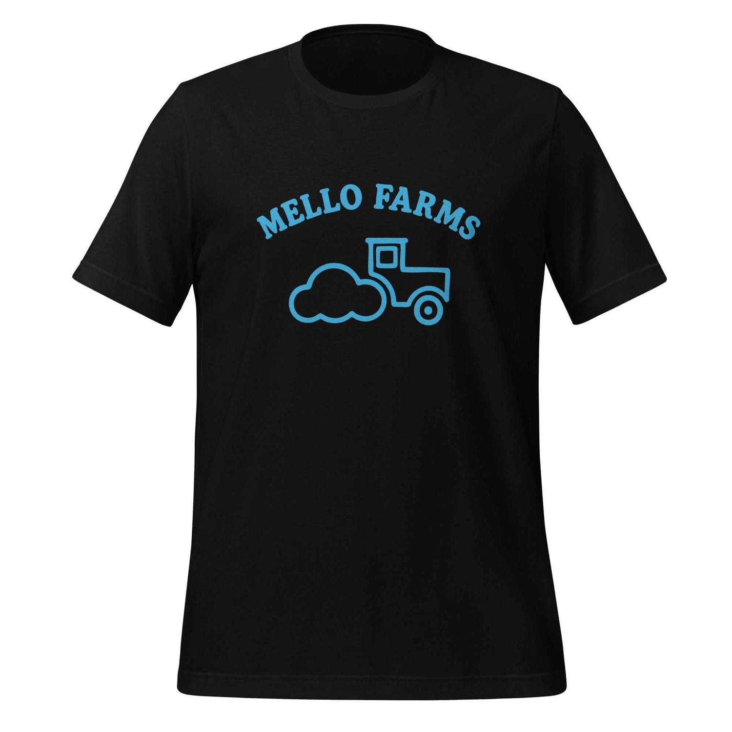 Black Mello Farms Shirt with blue tractor and cloud graphic and text, soft lightweight cotton tee