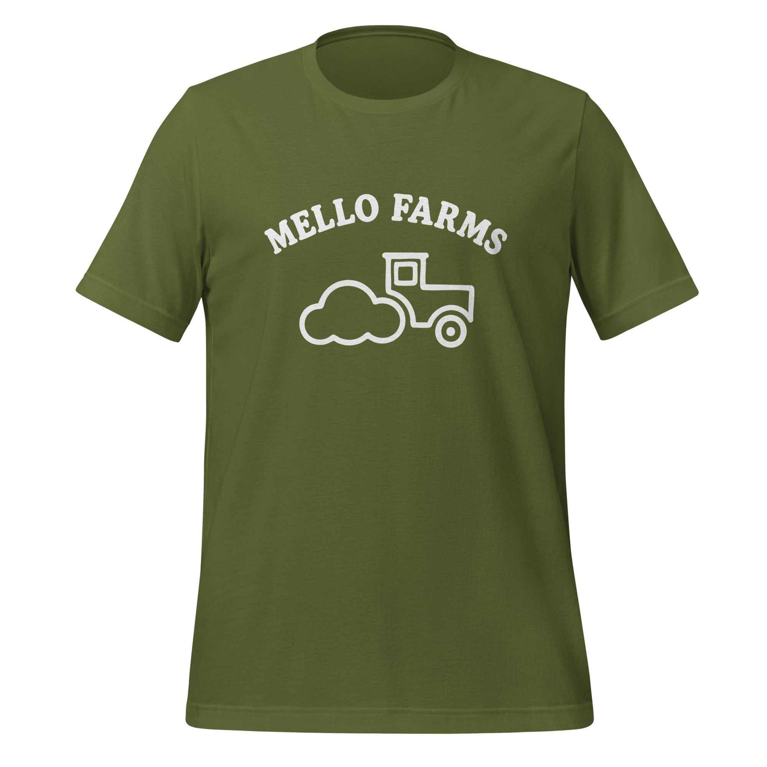 Olive green Mello Farms Shirt with white tractor and cloud graphic, soft lightweight cotton tee