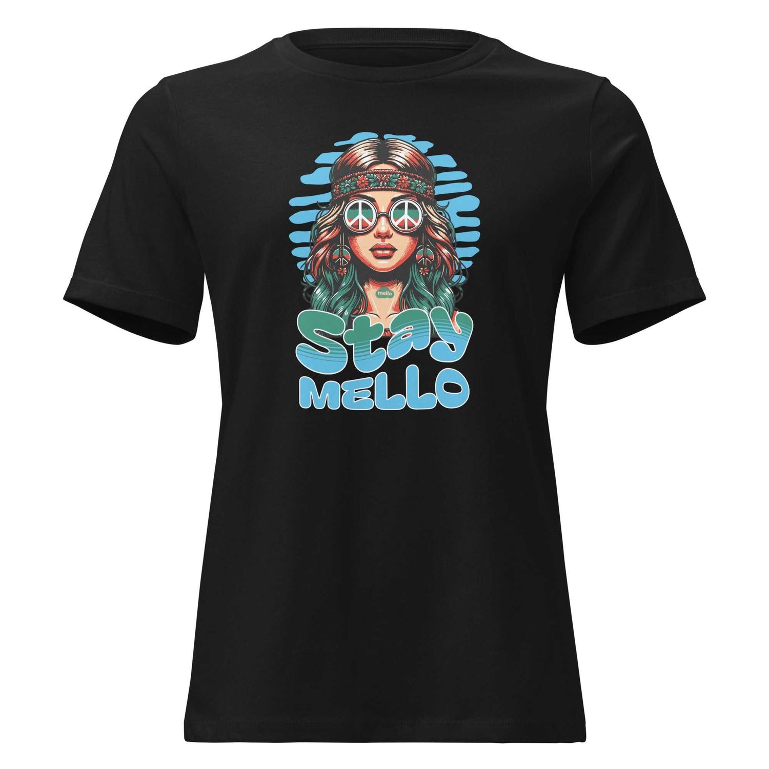 Black Stay Mello Shirt with retro woman design, teal hair, peace sign sunglasses, and blue striped background