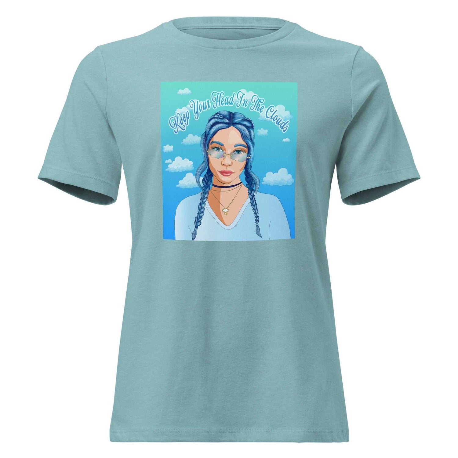 Sky-blue T-shirt with illustration of a woman wearing cloud-shaped sunglasses and the phrase "Keep Your Head In The Clouds" in a cloudscape background