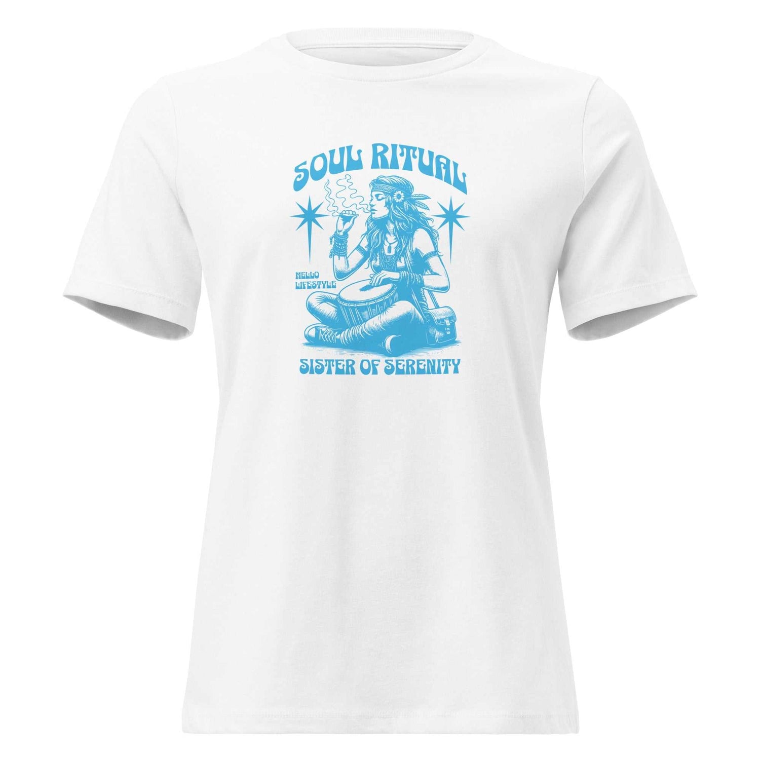 White Soul Sister shirt with blue spiritual design and text "Soul Ritual Sister of Serenity"