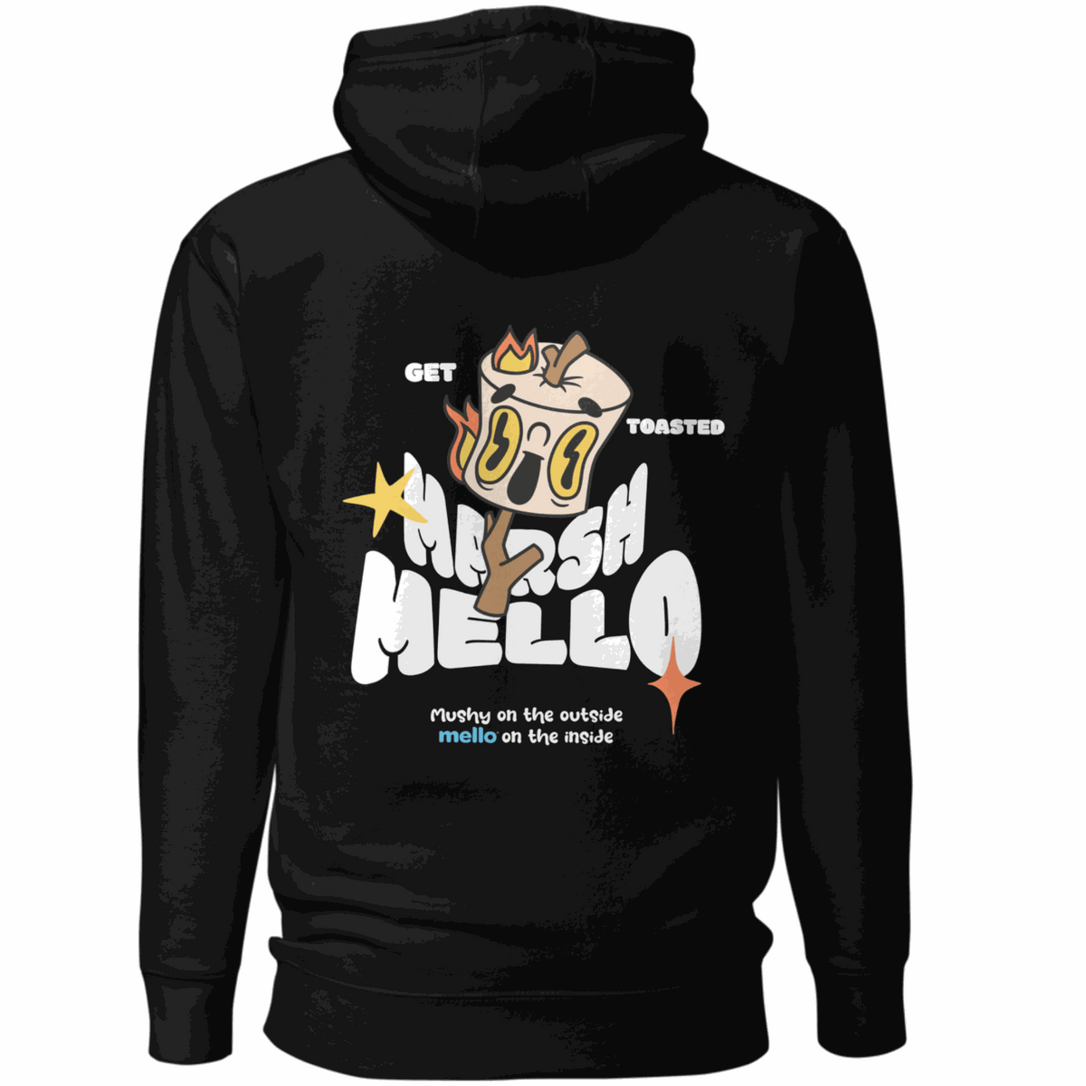 Black Toasted Back Mello Hoodie with marshmallow graphic and "Get Toasted" text on back