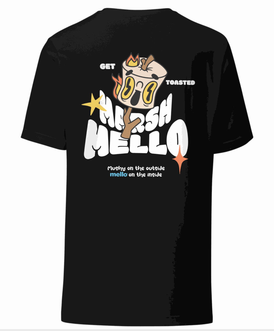 Marsh-Mello Back Shirt black tee with playful toasted marshmallow graphic and "Get Toasted" text on back