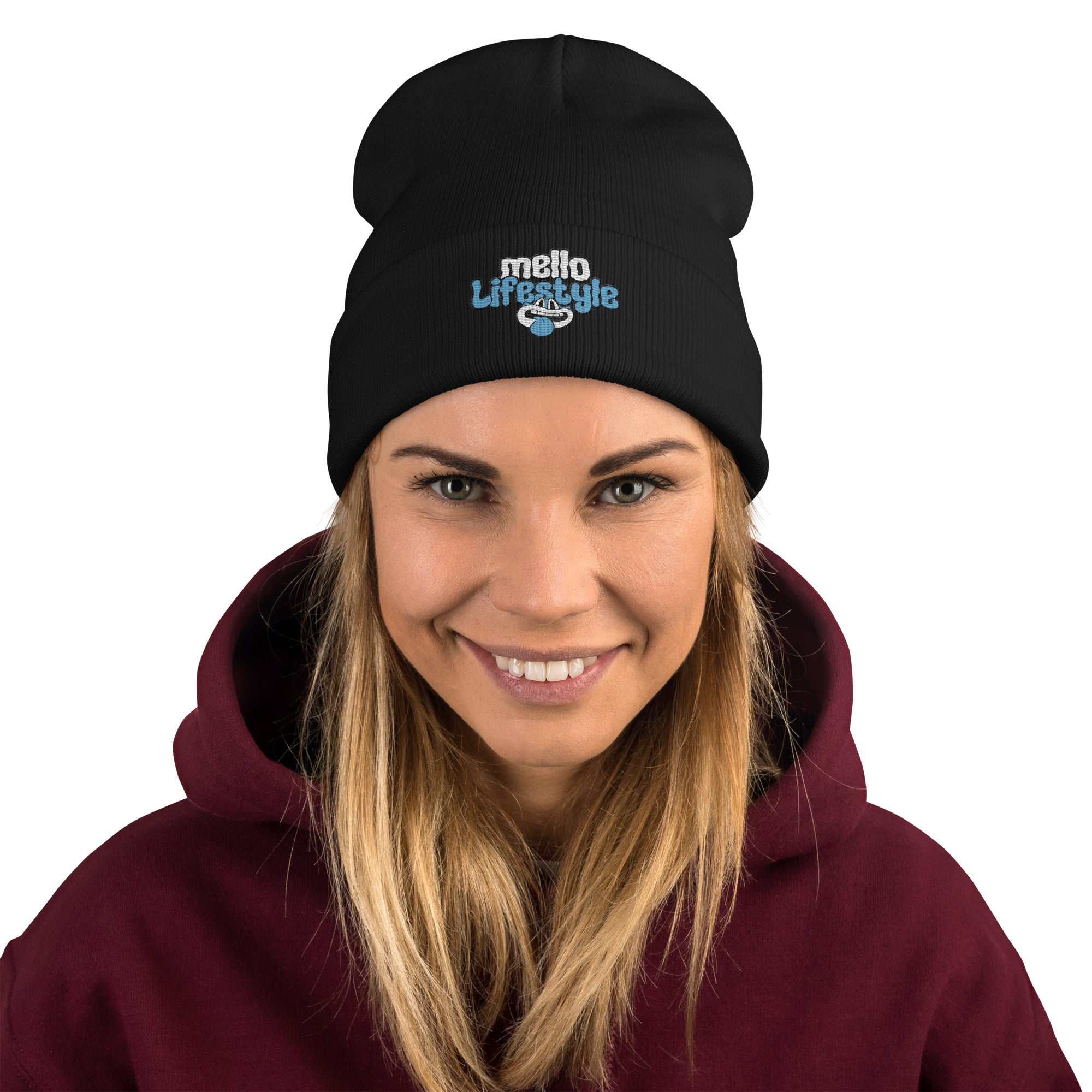 Mello Lifestyle Beanie - Stylish Black Streetwear Hat with Blue Logo
